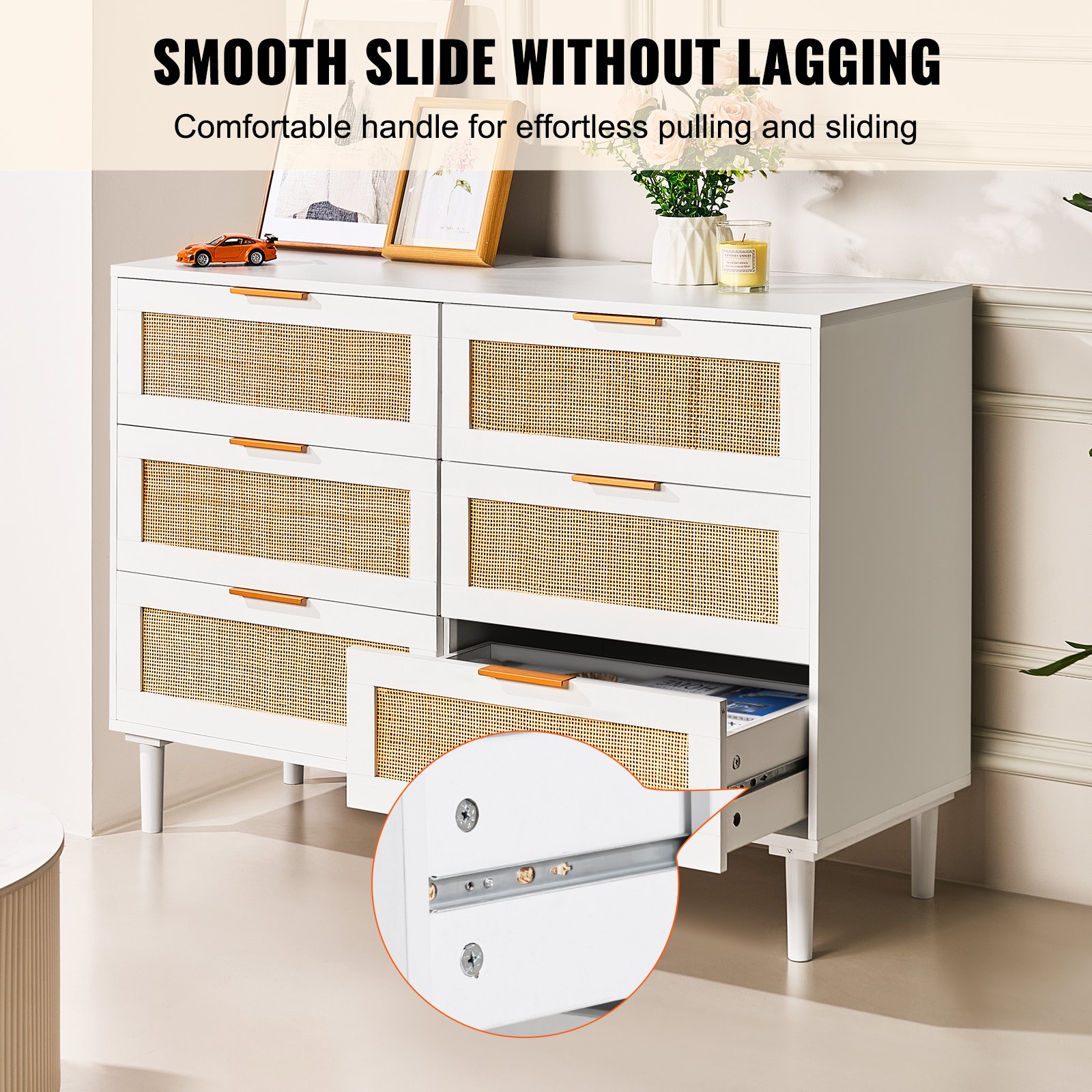 VEVOR 6 Drawer Rattan Dresser, Boho Dresser, Rattan Chest of Drawers with Spacious Storage, Natural Rattan Dresser for Bedroom, Living Room & Hallway,Rattan Nightstand with Sturdy Handles&Legs, White