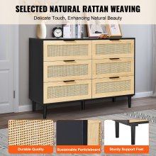 VEVOR 6 Drawer Rattan Dresser, Boho Dresser, Rattan Chest of Drawers with Spacious Storage, Natural Rattan Dresser for Bedroom, Living Room & Hallway,Rattan Nightstand with Sturdy Handles&Legs, Black