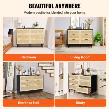 VEVOR 6 Drawer Rattan Dresser, Boho Dresser, Rattan Chest of Drawers with Spacious Storage, Natural Rattan Dresser for Bedroom, Living Room & Hallway,Rattan Nightstand with Sturdy Handles&Legs, Black