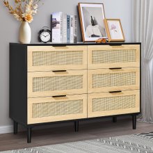 VEVOR 6 Drawer Rattan Dresser, Boho Dresser, Rattan Chest of Drawers with Spacious Storage, Natural Rattan Dresser for Bedroom, Living Room & Hallway,Rattan Nightstand with Sturdy Handles&Legs, Black