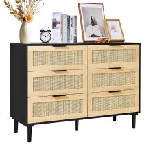 VEVOR 6 Drawer Rattan Dresser, Boho Dresser, Rattan Chest of Drawers with Spacious Storage, Natural Rattan Dresser for Bedroom, Living Room & Hallway,Rattan Nightstand with Sturdy Handles&Legs, Black