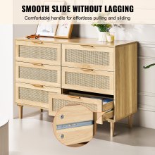 VEVOR 6 Drawer Rattan Dresser, Boho Dresser, Rattan Chest of Drawers with Spacious Storage, Natural Rattan Dresser for Bedroom, Living Room & Hallway,Rattan Nightstand with Sturdy Handles&Legs, Natural Wood