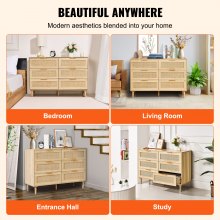 VEVOR 6 Drawer Rattan Dresser, Boho Dresser, Rattan Chest of Drawers with Spacious Storage, Natural Rattan Dresser for Bedroom, Living Room & Hallway,Rattan Nightstand with Sturdy Handles&Legs, Natural Wood