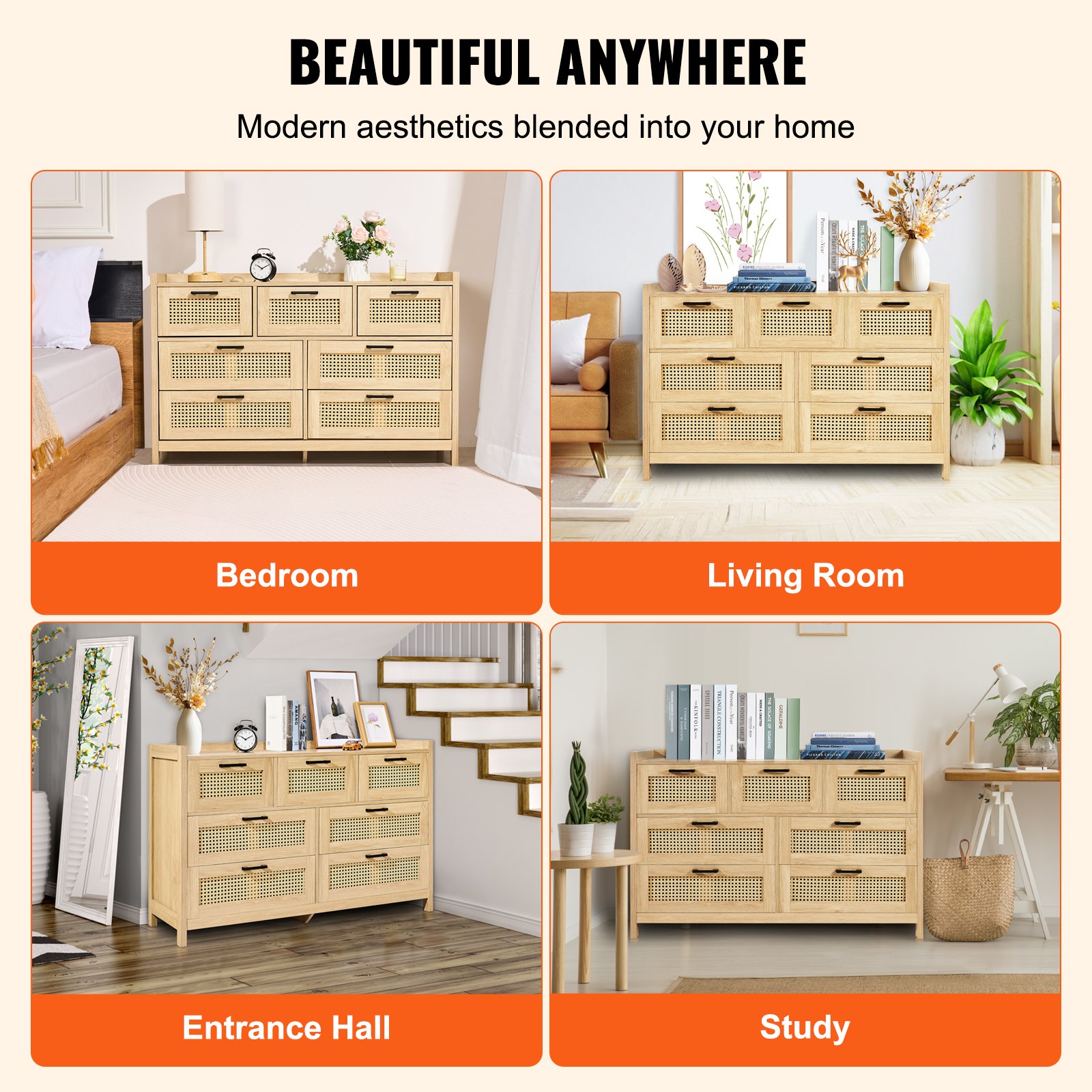 VEVOR 7 Drawer Rattan Dresser, Natural Rattan Wood Dressers with LED Light, Modern Wood Chest Clothing Organizer & Storage Boho Dresser with Sturdy Handles & Legs, for Bedroom, Living Room & Hallway
