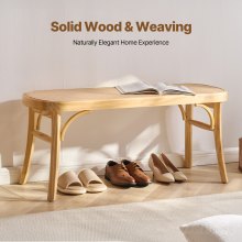 VEVOR Rattan Bench, 43.3" Wooden Rattan Bench, Entrywway Bench with Oak Wood Legs, Bedroom End of Bed Boho Bench with Hand Woven Rattan, for Living Room, Kitchen