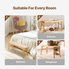 VEVOR Rattan Bench, 43.3" Wooden Rattan Bench, Entrywway Bench with Oak Wood Legs, Bedroom End of Bed Boho Bench with Hand Woven Rattan, for Living Room, Kitchen