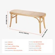 VEVOR Rattan Bench, 43.3" Wooden Rattan Bench, Entrywway Bench with Oak Wood Legs, Bedroom End of Bed Boho Bench with Hand Woven Rattan, for Living Room, Kitchen