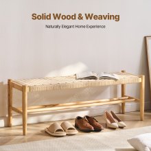VEVOR Rattan Bench, 47.6" Wooden Rattan Bench with Shoe Storage, Entryway Bench with Oak Wood Legs, Solid Wood Boho Bench with Hand Woven Rattan, for Entryway, Bedroom, Living Room, Kitchen