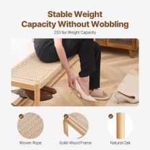 VEVOR Rattan Bench, 47.6" Wooden Rattan Bench with Shoe Storage, Entryway Bench with Oak Wood Legs, Solid Wood Boho Bench with Hand Woven Rattan, for Entryway, Bedroom, Living Room, Kitchen