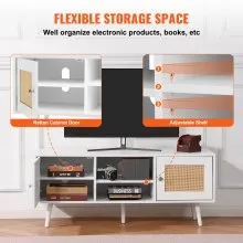 Mueble de TV de ratán VEVOR, mueble de TV bohemio para TV de 55 pulgadas, mueble de TV moderno de mediados de siglo, consola de TV de ratán con estantes ajustables para sala de estar, sala multimedia, color blanco