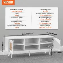 Mueble de TV de ratán VEVOR, mueble de TV bohemio para TV de 55 pulgadas, mueble de TV moderno de mediados de siglo, consola de TV de ratán con estantes ajustables para sala de estar, sala multimedia, color blanco