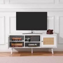 Mueble de TV de ratán VEVOR, mueble de TV bohemio para TV de 55 pulgadas, mueble de TV moderno de mediados de siglo, consola de TV de ratán con estantes ajustables para sala de estar, sala multimedia, color blanco