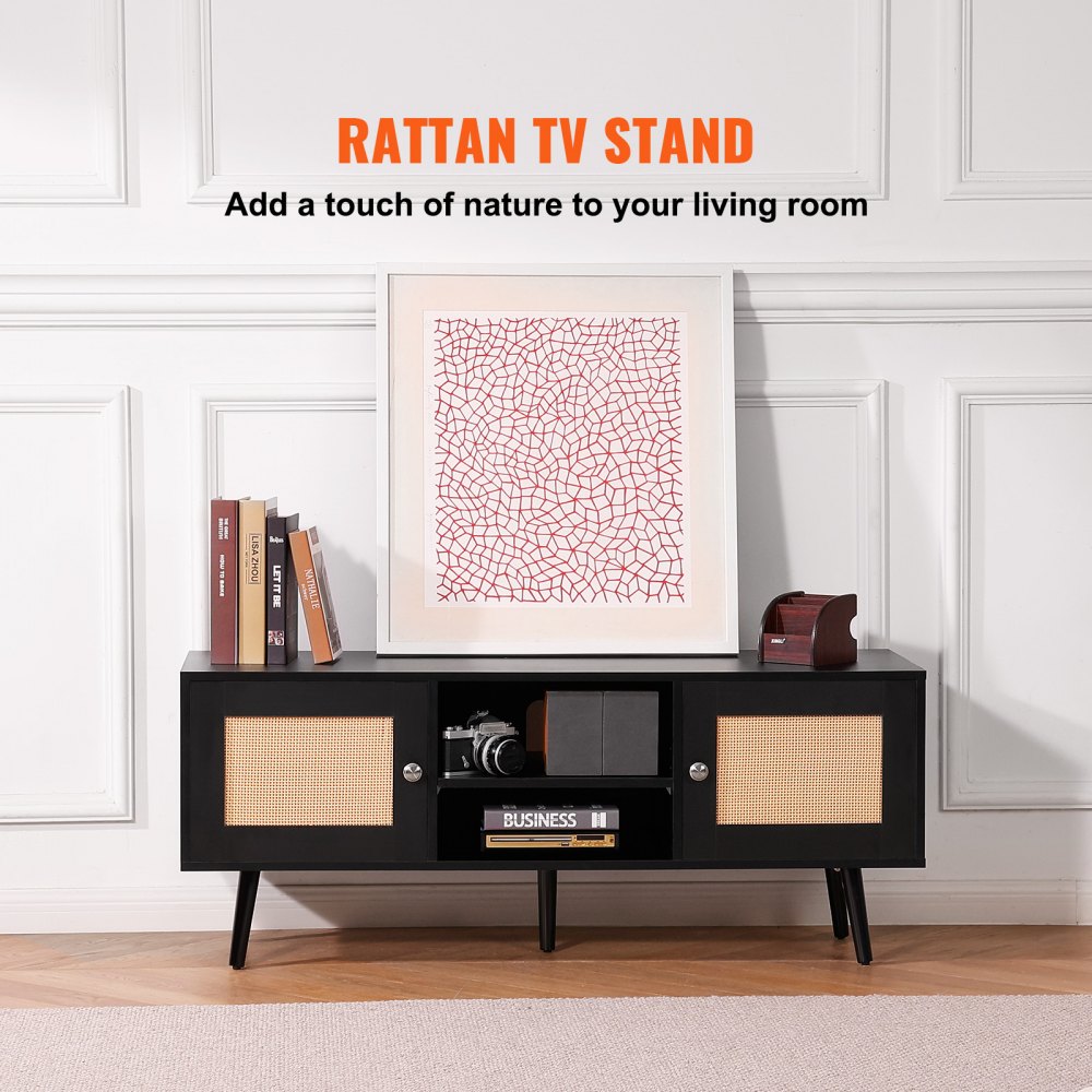 VEVOR Rattan TV Stand, Boho TV Cabinet for 55 inch TV, Mid Century Modern TV Stand, Rattan TV Console with Adjustable Shelfs for  Living Room, Media Room, Black