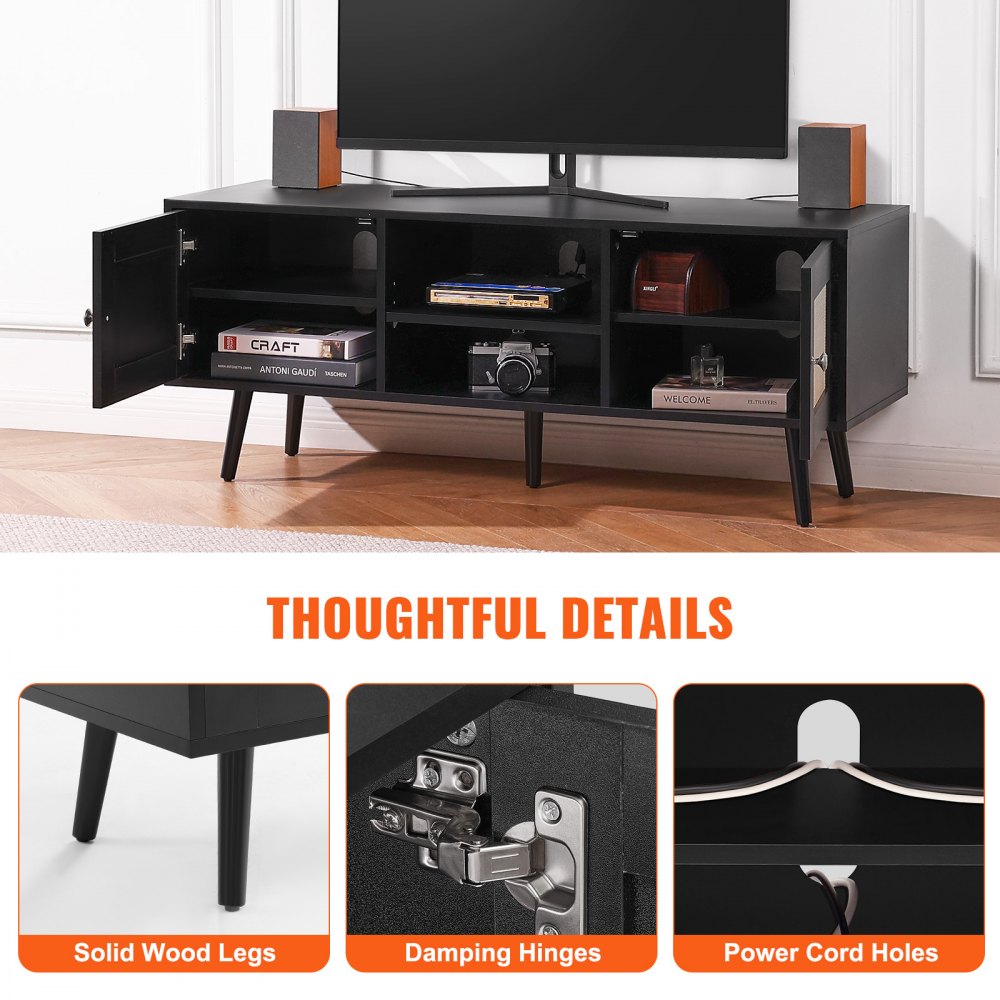 VEVOR Rattan TV Stand, Boho TV Cabinet for 55 inch TV, Mid Century Modern TV Stand, Rattan TV Console with Adjustable Shelfs for  Living Room, Media Room, Black