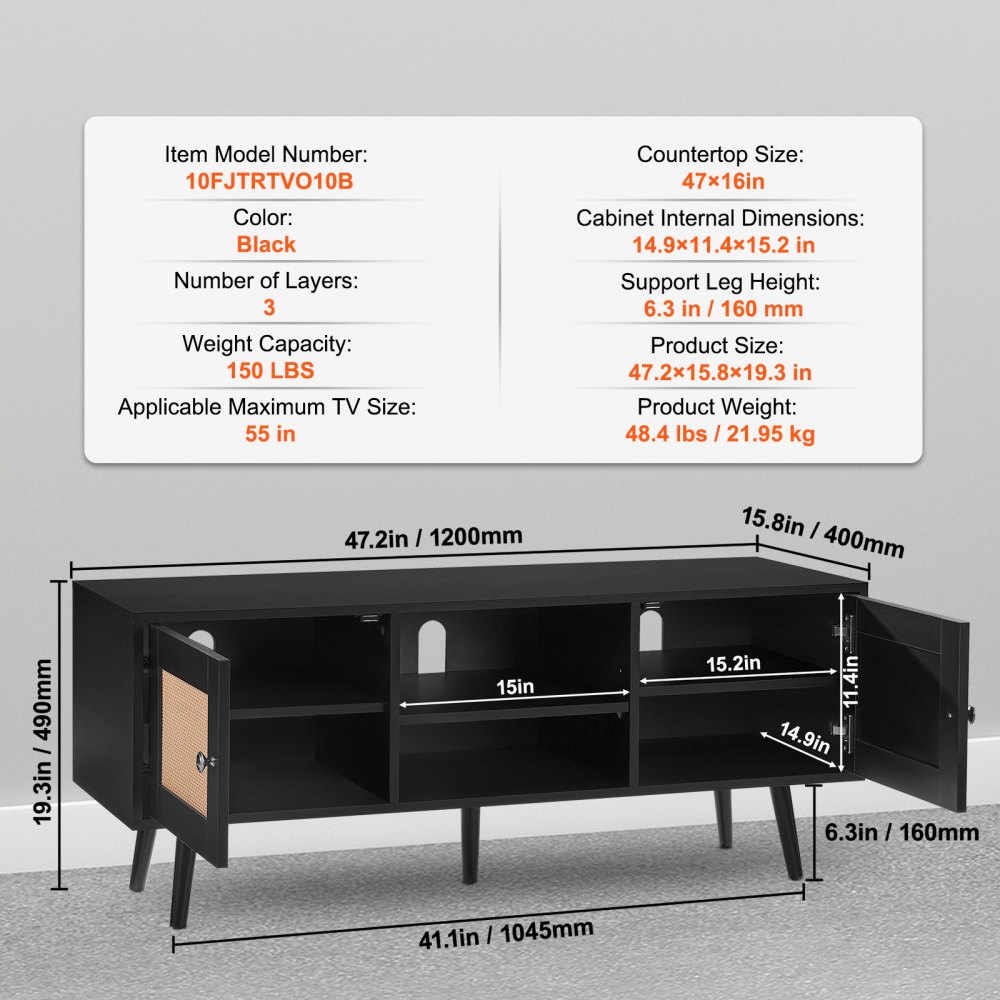 VEVOR Rattan TV Stand, Boho TV Cabinet for 55 inch TV, Mid Century Modern TV Stand, Rattan TV Console with Adjustable Shelfs for  Living Room, Media Room, Black