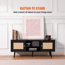 VEVOR Rattan TV Stand, Boho TV Cabinet for 55 inch TV, Mid Century Modern TV Stand, Rattan TV Console with Adjustable Shelfs for  Living Room, Media Room, Black