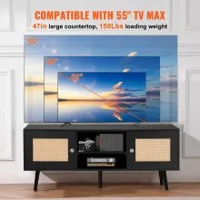 VEVOR Rattan TV Stand, Boho TV Cabinet for 55 inch TV, Mid Century Modern TV Stand, Rattan TV Console with Adjustable Shelfs for  Living Room, Media Room, Black