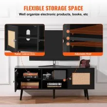 VEVOR Rattan TV Stand, Boho TV Cabinet for 55 inch TV, Mid Century Modern TV Stand, Rattan TV Console with Adjustable Shelfs for  Living Room, Media Room, Black