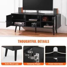 VEVOR Rattan TV Stand, Boho TV Cabinet for 55 inch TV, Mid Century Modern TV Stand, Rattan TV Console with Adjustable Shelfs for  Living Room, Media Room, Black