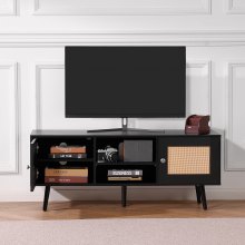 VEVOR Mueble de TV de ratán, mueble de TV bohemio para TV de 55 pulgadas, soporte de TV moderno de mediados de siglo, consola de TV de ratán con estantes ajustables para sala de estar, sala multimedia, negro