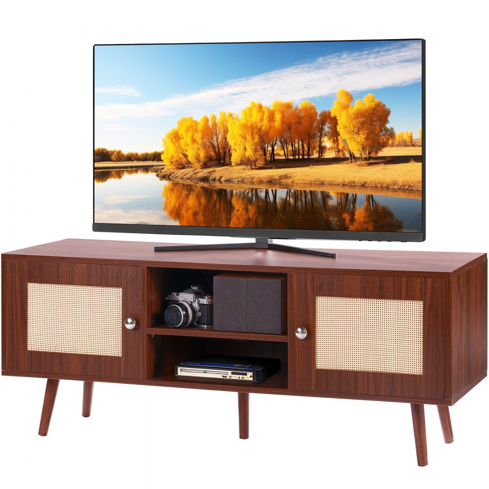 VEVOR Rattan TV Stand, Boho TV Cabinet for 55 inch TV, Mid Century Modern TV Stand, Rattan TV Console with Adjustable Shelfs for  Living Room, Media Room, Walnut