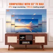 VEVOR Rattan TV Stand, Boho TV Cabinet for 55 inch TV, Mid Century Modern TV Stand, Rattan TV Console with Adjustable Shelfs for  Living Room, Media Room, Walnut
