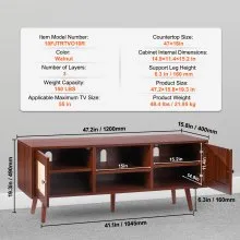 VEVOR Rattan TV Stand, Boho TV Cabinet for 55 inch TV, Mid Century Modern TV Stand, Rattan TV Console with Adjustable Shelfs for  Living Room, Media Room, Walnut