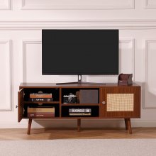 VEVOR Mueble de TV de ratán, mueble de TV bohemio para TV de 55 pulgadas, soporte de TV moderno de mediados de siglo, consola de TV de ratán con estantes ajustables para sala de estar, sala multimedia, nogal