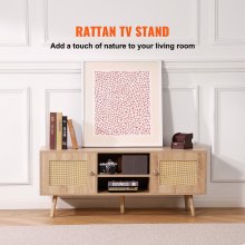 VEVOR Rattan TV Stand, Boho TV Cabinet for 55 inch TV, Mid Century Modern TV Stand, Rattan TV Console with Adjustable Shelfs for  Living Room, Media Room, Oak
