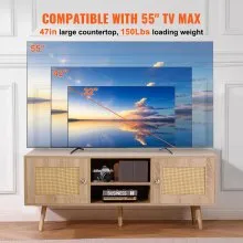 VEVOR Rattan TV Stand, Boho TV Cabinet for 55 inch TV, Mid Century Modern TV Stand, Rattan TV Console with Adjustable Shelfs for  Living Room, Media Room, Oak