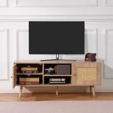 VEVOR Rattan TV Stand, Boho TV Cabinet for 55 inch TV, Mid Century Modern TV Stand, Rattan TV Console with Adjustable Shelfs for  Living Room, Media Room, Oak