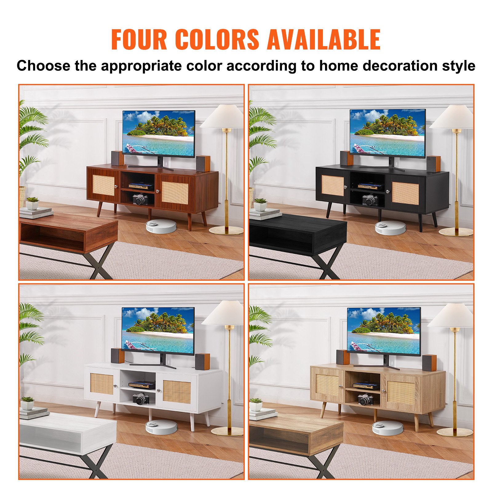 VEVOR Rattan TV Stand, Boho TV Cabinet for 55 inch TV, Mid Century Modern TV Stand, Rattan TV Console with Adjustable Shelfs for  Living Room, Media Room, Oak