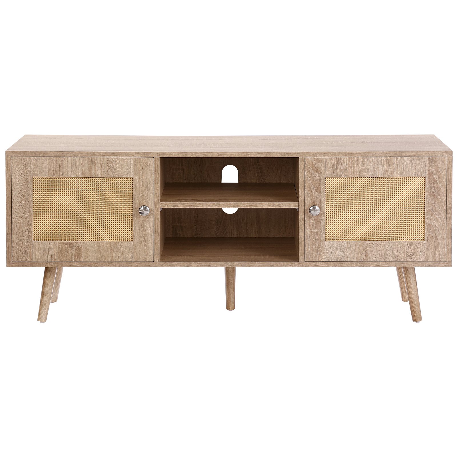 VEVOR Rattan TV Stand, Boho TV Cabinet for 55 inch TV, Mid Century Modern TV Stand, Rattan TV Console with Adjustable Shelfs for  Living Room, Media Room, Oak