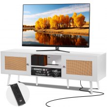 VEVOR Rattan TV Stand for 65 inch TV, Boho TV Stand with Rattan Door, Entertainment Center with Build-in Socket and USB Ports, Modern TV Console for Living Room, Media Room, White