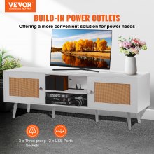 VEVOR Rattan TV Stand for 65 inch TV, Boho TV Stand with Rattan Door, Entertainment Center with Build-in Socket and USB Ports, Modern TV Console for Living Room, Media Room, White