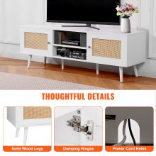 VEVOR Rattan TV Stand for 65 inch TV, Boho TV Stand with Rattan Door, Entertainment Center with Build-in Socket and USB Ports, Modern TV Console for Living Room, Media Room, White