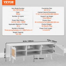 VEVOR Rattan TV Stand for 65 inch TV, Boho TV Stand with Rattan Door, Entertainment Center with Build-in Socket and USB Ports, Modern TV Console for Living Room, Media Room, White