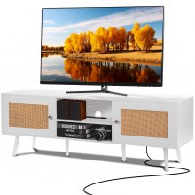 VEVOR Rattan TV Stand for 65 inch TV, Boho TV Stand with Rattan Door, Entertainment Center with Build-in Socket and USB Ports, Modern TV Console for Living Room, Media Room, White