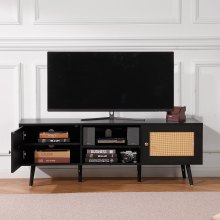 VEVOR Rattan TV Stand for 65 inch TV, Boho TV Stand with Rattan Door, Entertainment Center with Build-in Socket and USB Ports, Modern TV Console for Living Room, Media Room, Black