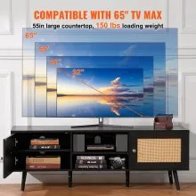VEVOR Mueble de TV de ratán para TV de 65 pulgadas, mueble de TV bohemio con puerta de ratán, centro de entretenimiento con toma de corriente integrada y puertos USB, consola de TV moderna para sala de estar, sala multimedia, color negro