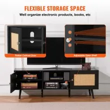VEVOR Mueble de TV de ratán para TV de 65 pulgadas, mueble de TV bohemio con puerta de ratán, centro de entretenimiento con toma de corriente integrada y puertos USB, consola de TV moderna para sala de estar, sala multimedia, color negro