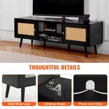 VEVOR Mueble de TV de ratán para TV de 65 pulgadas, mueble de TV bohemio con puerta de ratán, centro de entretenimiento con toma de corriente integrada y puertos USB, consola de TV moderna para sala de estar, sala multimedia, color negro