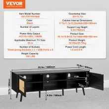 VEVOR Mueble de TV de ratán para TV de 65 pulgadas, mueble de TV bohemio con puerta de ratán, centro de entretenimiento con toma de corriente integrada y puertos USB, consola de TV moderna para sala de estar, sala multimedia, color negro