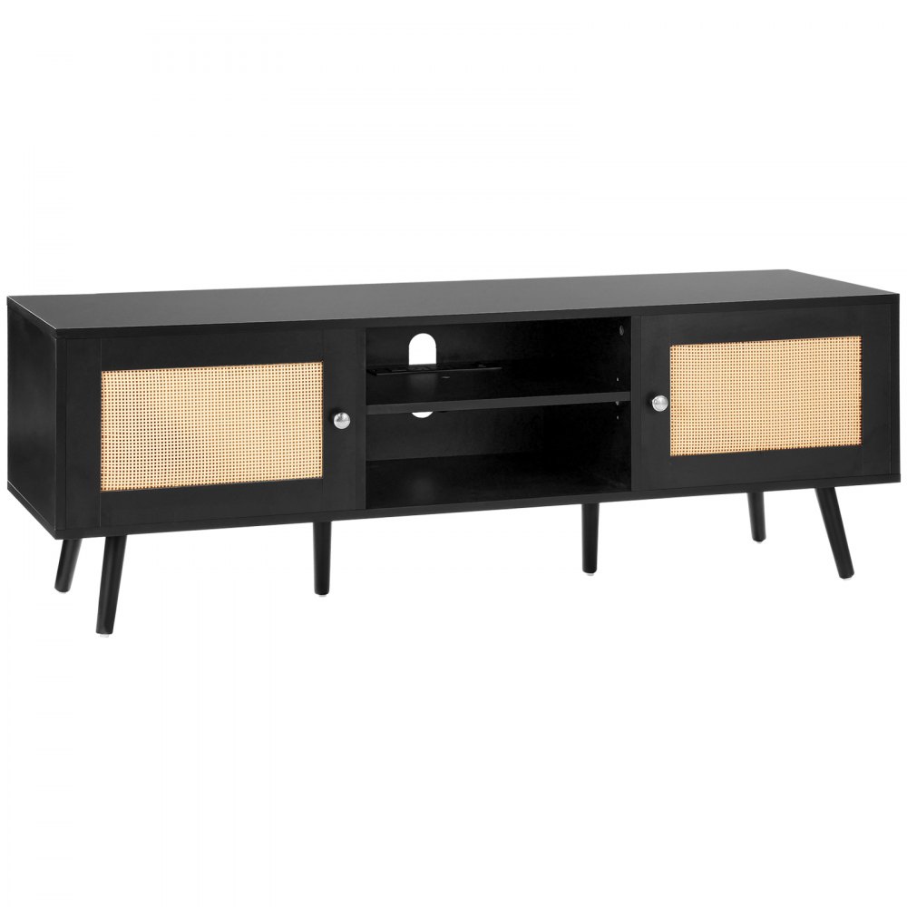 VEVOR Rattan TV Stand for 65 inch TV, Boho TV Stand with Rattan Door, Entertainment Center with Build-in Socket and USB Ports, Modern TV Console for Living Room, Media Room, Black
