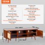 VEVOR rattan tv stand, walnut finish, three layers, 65in max tv size, multiple sockets, 150 lbs capacity.