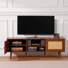 VEVOR Rattan TV Stand, Mid Century Modern TV Stand for 65 inch TV, Boho Rattan TV Cabinet with Build-in Socket and USB Ports, Adjustable Shelfs for Living Room, Media Room, Walnut