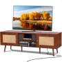 VEVOR Rattan TV Stand, Mid Century Modern TV Stand for 65 inch TV, Boho Rattan TV Cabinet with Build-in Socket and USB Ports, Adjustable Shelfs for Living Room, Media Room, Walnut