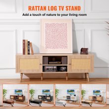 VEVOR Rattan TV Stand, Mid Century Modern TV Stand for 65 inch TV, Boho Rattan TV Cabinet with Build-in Socket and USB Ports, Adjustable Shelfs for Living Room, Media Room, Oak