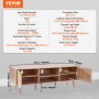 VEVOR Rattan TV Stand, Mid Century Modern TV Stand for 65 inch TV, Boho Rattan TV Cabinet with Build-in Socket and USB Ports, Adjustable Shelfs for Living Room, Media Room, Oak