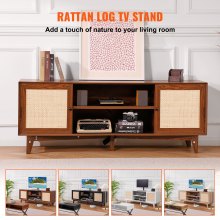 VEVOR Rattan TV Stand for 75in TV, Boho TV Stand with Rattan Door, Entertainment Center with Build-in Socket, Storage Cabinet with 2 Shelves, Modern TV Console for Living Room, Media Room, Walnut